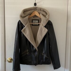 Levi's Black Leather Jacket with Cream Hood